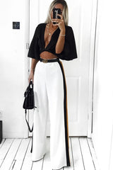 White with Mustard and Black Side Stripe Wide Leg Trousers - Wiley