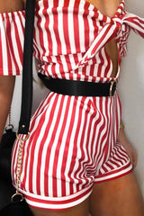 Red and White Striped Bardot Playsuit - Gracy