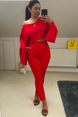 Red Striped Cropped Batwing Jumper with V neck - Karri