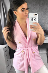 Pink Sleeveless Tie Waist Blazer - Tonia