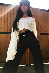 Black High Waist Wide Leg Trousers with Buckle - Monico