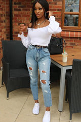 White Shirred Bardot Crop Top - Abisha
