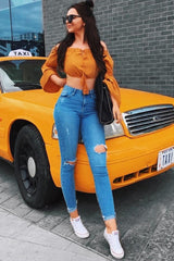 Mustard Gypsy Bardot Crop Top with Key Hole Tie Front - Kaitlin