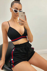 Black Side Stripe Popper Shorts and Bralet Co-Ord - Tommie