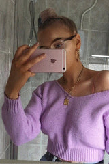 Lilac V Neck Off Shoulder Knitted Cropped Jumper - Kirby