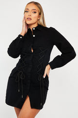 Black Corset Lace Front Denim Mini Dress - Galya