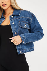 Mid Blue Pocket Cropped Denim Jacket - Cerise
