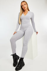 Grey Zip Up Front Full Sleeve Ribbed Jumpsuit - Lola