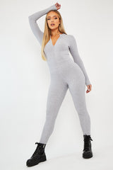 Grey Zip Up Front Full Sleeve Ribbed Jumpsuit - Lola