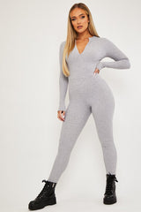 Grey Zip Up Front Full Sleeve Ribbed Jumpsuit - Lola
