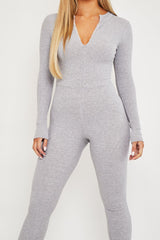 Grey Zip Up Front Full Sleeve Ribbed Jumpsuit - Lola