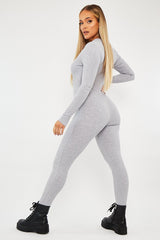 Grey Zip Up Front Full Sleeve Ribbed Jumpsuit - Lola