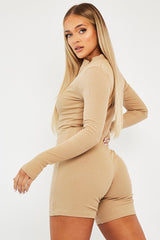 Camel Zip Up Long Sleeve Ribbed Unitard - Lily