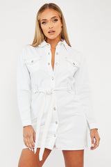 White Contrast Stitch Belted Denim Dress - Donia