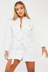 White Contrast Stitch Belted Denim Dress - Donia