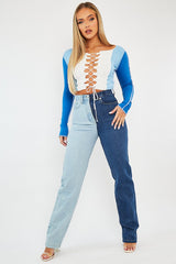 Blue Colour Block Lace Up Front Crop Top - Bella
