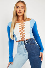 Blue Colour Block Lace Up Front Crop Top - Bella