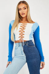 Blue Colour Block Lace Up Front Crop Top - Bella