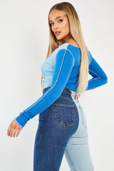 Blue Colour Block Lace Up Front Crop Top - Bella