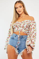 Red Floral Ruched Centre Bardot Crop Top - Heily