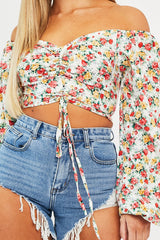 Red Floral Ruched Centre Bardot Crop Top - Heily