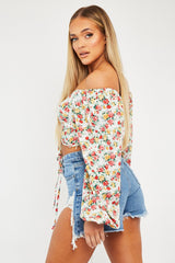 Red Floral Ruched Centre Bardot Crop Top - Heily
