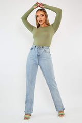 Khaki Keyhole Cut Out Slinky Bodysuit - Elidia