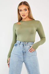 Khaki Keyhole Cut Out Slinky Bodysuit - Elidia