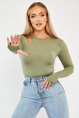 Khaki Keyhole Cut Out Slinky Bodysuit - Elidia