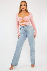 Pink Tie Wrap Front Ring Detail Crop Top - Taylor