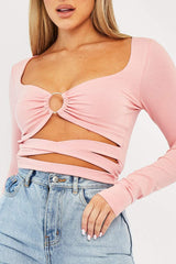 Pink Tie Wrap Front Ring Detail Crop Top - Taylor