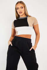 Camel Multi Contrast Stitch Panel Crop Top - Desire