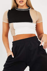 Camel Multi Contrast Stitch Panel Crop Top - Desire