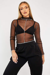Black Mesh Contrast Stitch Long Sleeve Crop Top - Evie