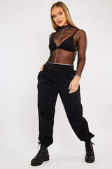 Black Mesh Contrast Stitch Long Sleeve Crop Top - Evie