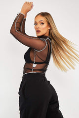 Black Mesh Contrast Stitch Long Sleeve Crop Top - Evie