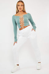 Sage Lace Up Contrast Stitch Long Sleeve Crop Top - Mitzi