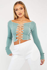 Sage Lace Up Contrast Stitch Long Sleeve Crop Top - Mitzi