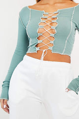 Sage Lace Up Contrast Stitch Long Sleeve Crop Top - Mitzi