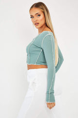 Sage Lace Up Contrast Stitch Long Sleeve Crop Top - Mitzi