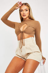 Camel Chest Cut Out High Neck Crop Top - Kara