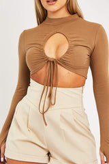 Camel Chest Cut Out High Neck Crop Top - Kara