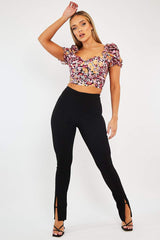 Wine Floral Puff Sleeve Crop Top - Ellorie