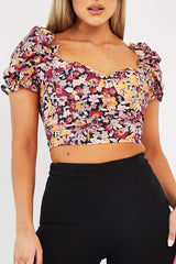 Wine Floral Puff Sleeve Crop Top - Ellorie