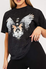Black Acid Wash Wing Printed T-shirt - Itzia