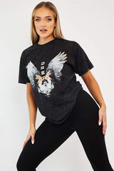 Black Acid Wash Wing Printed T-shirt - Itzia