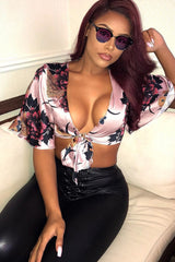 Rose Floral Print Satin Tie Crop Top - Kynslee
