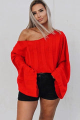 Red Striped Cropped Batwing Jumper with V neck - Karri