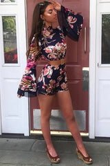 Navy Floral Print Open Back Playsuit - Cassia