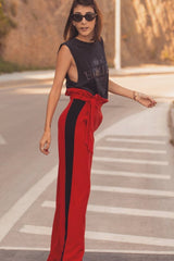 Red Paper Bag Tie Waist Wide Leg Trousers With Black Stripe - Kennedy